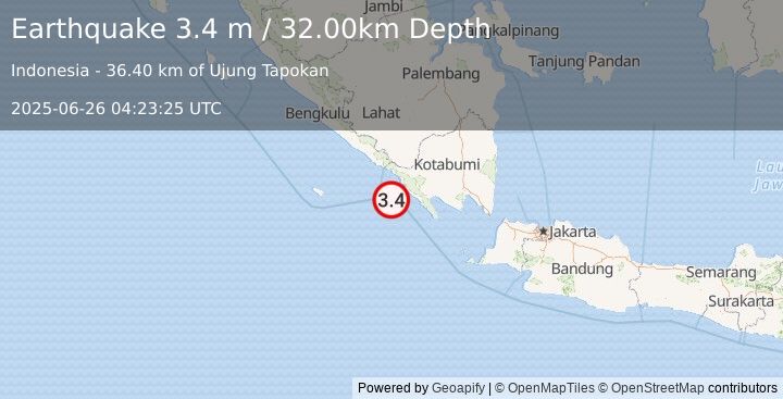 Earthquake SOUTHERN SUMATRA, INDONESIA (3.4 m) (2025-06-26 04:23:25 UTC)