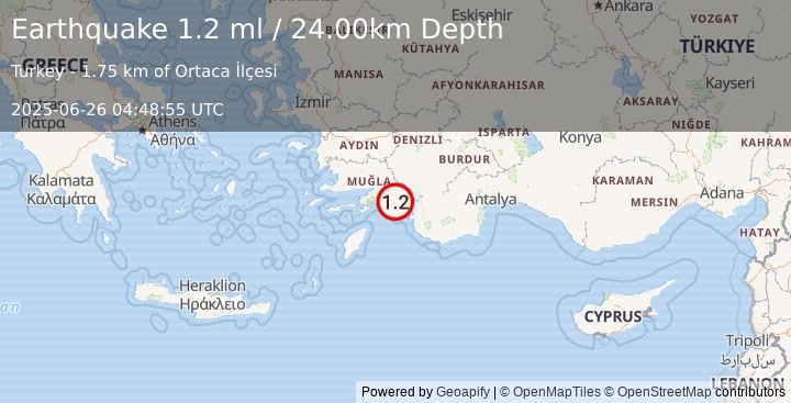 Earthquake DODECANESE IS.-TURKEY BORDER REG (1.2 ml) (2025-06-26 04:48:55 UTC)