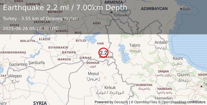Earthquake TURKEY-IRAQ BORDER REGION (2.2 ml) (2025-06-26 05:28:39 UTC)