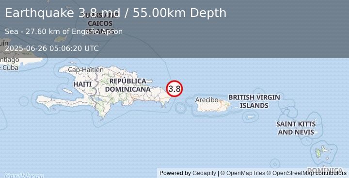 Earthquake DOMINICAN REPUBLIC REGION (3.8 md) (2025-06-26 05:06:20 UTC)