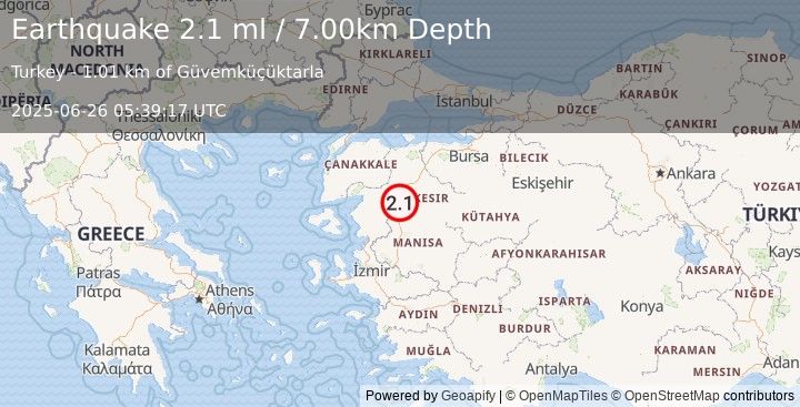 Earthquake WESTERN TURKEY (2.1 ml) (2025-06-26 05:39:17 UTC)