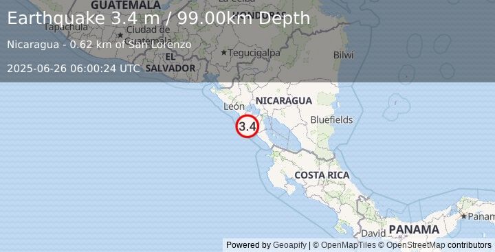 Earthquake NEAR COAST OF NICARAGUA (3.5 m) (2025-06-26 06:00:25 UTC)