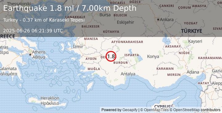 Earthquake WESTERN TURKEY (1.8 ml) (2025-06-26 06:21:39 UTC)