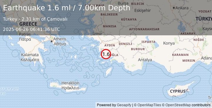 Earthquake WESTERN TURKEY (1.6 ml) (2025-06-26 06:41:36 UTC)