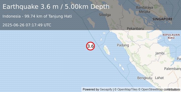 Earthquake SOUTHWEST OF SUMATRA, INDONESIA (3.6 m) (2025-06-26 07:17:49 UTC)