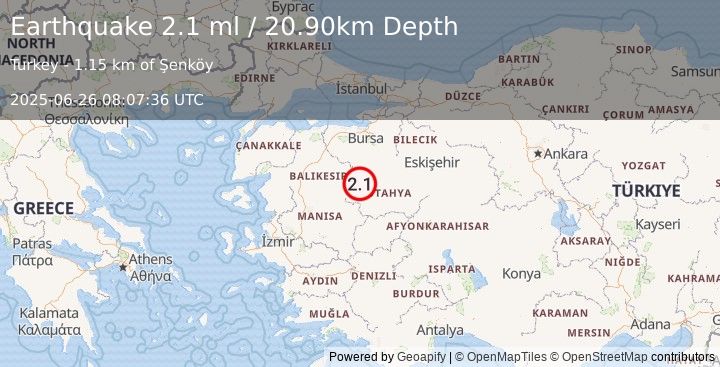 Earthquake WESTERN TURKEY (2.1 ml) (2025-06-26 08:07:36 UTC)