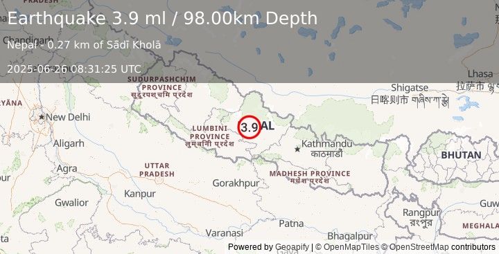 Earthquake NEPAL (3.9 ml) (2025-06-26 08:31:25 UTC)
