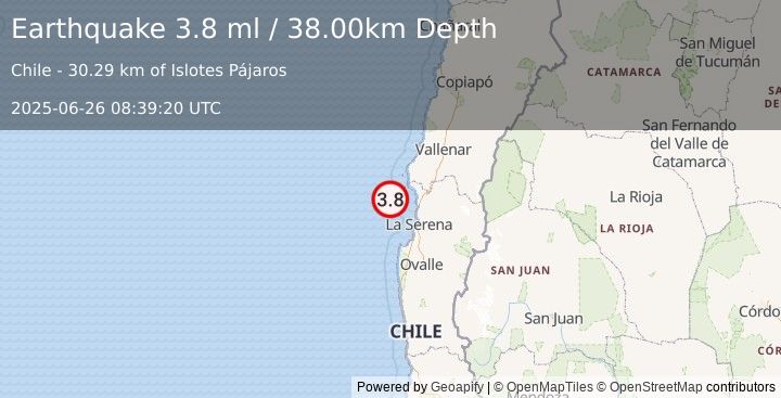 Earthquake OFFSHORE COQUIMBO, CHILE (3.6 ml) (2025-06-26 08:39:18 UTC)