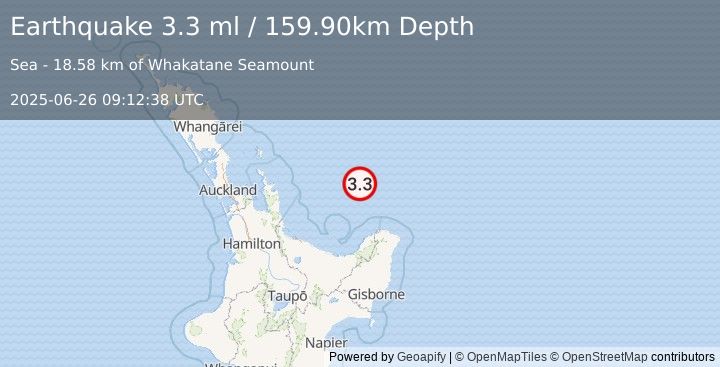 Earthquake OFF E. COAST OF N. ISLAND, N.Z. (3.3 ml) (2025-06-26 09:12:38 UTC)
