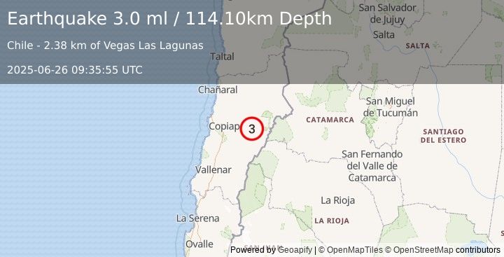 Earthquake ATACAMA, CHILE (3.0 ml) (2025-06-26 09:35:55 UTC)