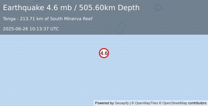 Earthquake SOUTH OF FIJI ISLANDS (4.6 mb) (2025-06-26 10:13:37 UTC)