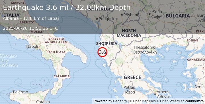 Earthquake ALBANIA (3.1 ml) (2025-06-26 11:51:38 UTC)