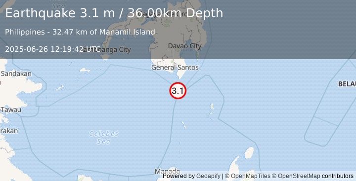 Earthquake MINDANAO, PHILIPPINES (3.1 m) (2025-06-26 12:19:42 UTC)