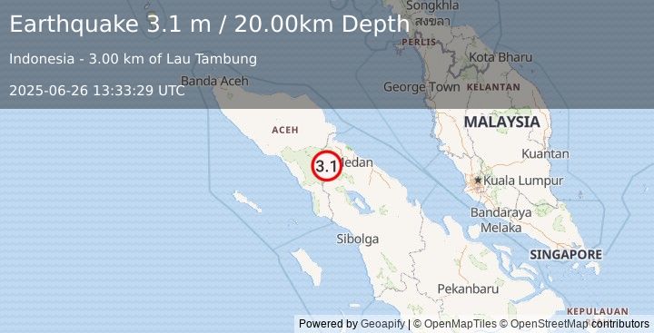 Earthquake NORTHERN SUMATRA, INDONESIA (3.1 m) (2025-06-26 13:33:29 UTC)