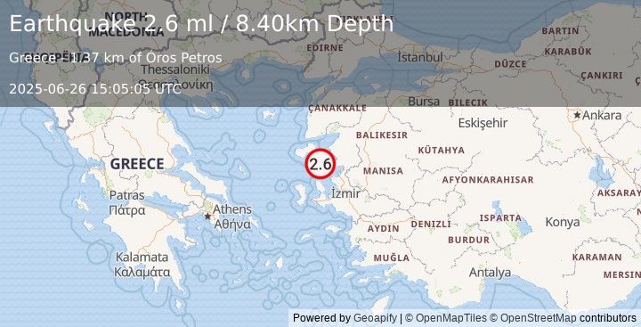 Earthquake NEAR THE COAST OF WESTERN TURKEY (2.5 ml) (2025-06-26 15:05:05 UTC)