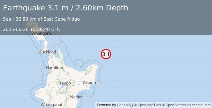 Earthquake OFF E. COAST OF N. ISLAND, N.Z. (3.1 m) (2025-06-26 15:56:40 UTC)