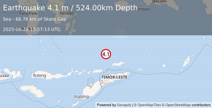 Earthquake KEPULAUAN BARAT DAYA, INDONESIA (4.1 m) (2025-06-26 15:57:13 UTC)