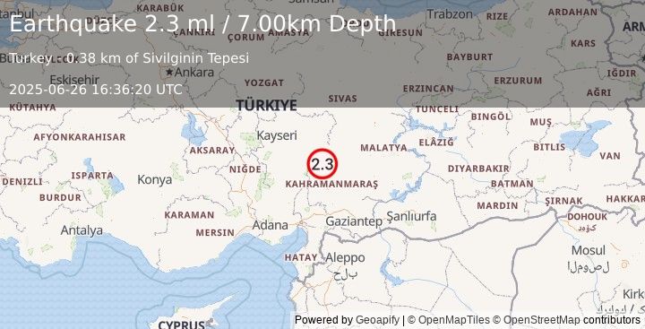 Earthquake CENTRAL TURKEY (2.3 ml) (2025-06-26 16:36:20 UTC)