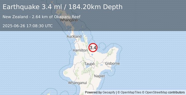 Earthquake NORTH ISLAND OF NEW ZEALAND (3.4 ml) (2025-06-26 17:08:30 UTC)
