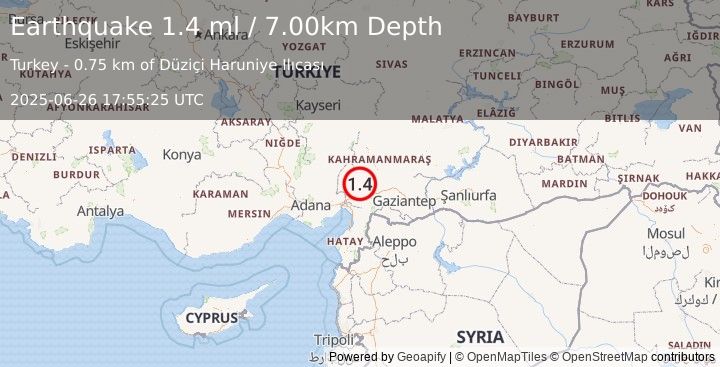 Earthquake CENTRAL TURKEY (1.4 ml) (2025-06-26 17:55:25 UTC)