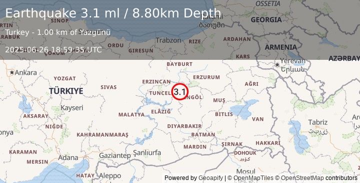 Earthquake EASTERN TURKEY (3.1 ml) (2025-06-26 18:59:35 UTC)
