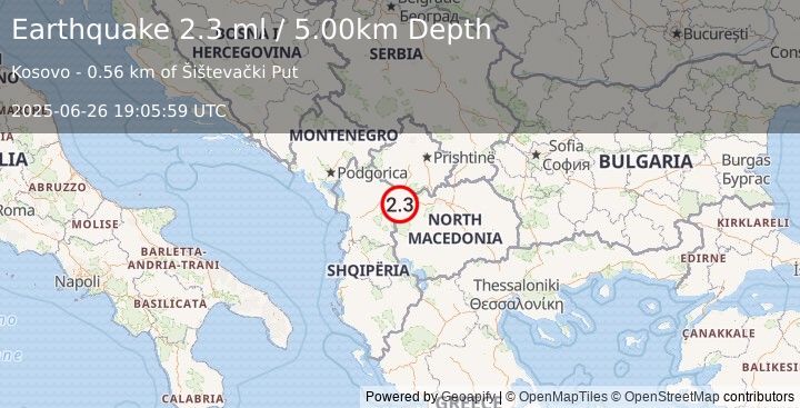 Earthquake ALBANIA (2.3 ml) (2025-06-26 19:05:59 UTC)