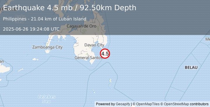 Earthquake MINDANAO, PHILIPPINES (4.5 mb) (2025-06-26 19:24:08 UTC)