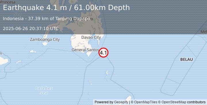 Earthquake MINDANAO, PHILIPPINES (4.1 m) (2025-06-26 20:37:10 UTC)
