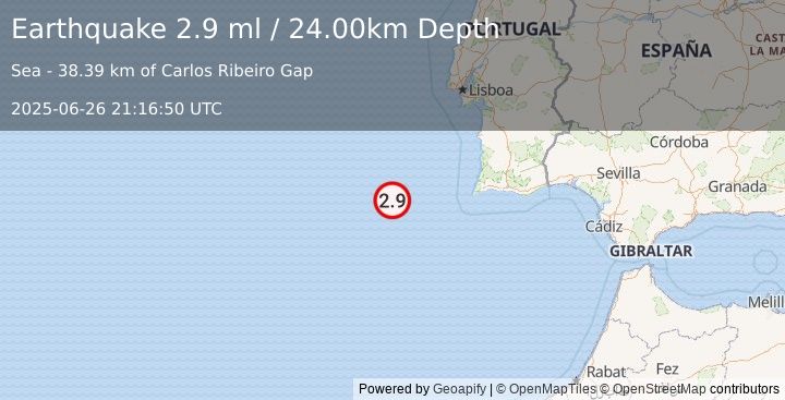 Earthquake AZORES-CAPE ST. VINCENT RIDGE (2.9 ml) (2025-06-26 21:16:50 UTC)