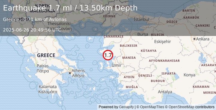 Earthquake NEAR THE COAST OF WESTERN TURKEY (1.7 ml) (2025-06-26 20:49:56 UTC)