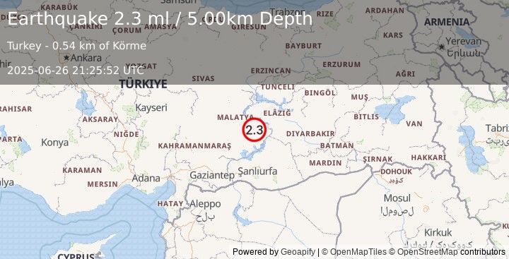 Earthquake EASTERN TURKEY (2.3 ml) (2025-06-26 21:25:52 UTC)