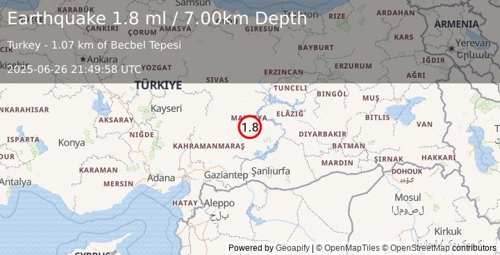 Earthquake EASTERN TURKEY (1.8 ml) (2025-06-26 21:49:58 UTC)