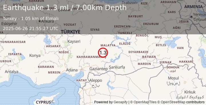 Earthquake CENTRAL TURKEY (1.3 ml) (2025-06-26 21:55:27 UTC)