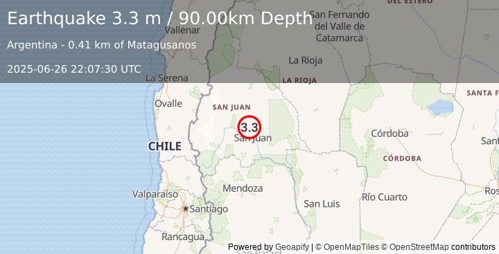 Earthquake SAN JUAN, ARGENTINA (3.3 m) (2025-06-26 22:07:30 UTC)