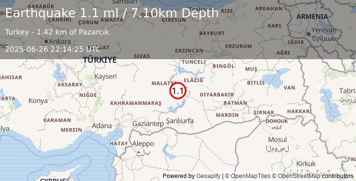 Earthquake EASTERN TURKEY (1.1 ml) (2025-06-26 22:14:25 UTC)