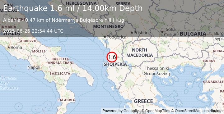 Earthquake ALBANIA (1.6 ml) (2025-06-26 22:54:44 UTC)