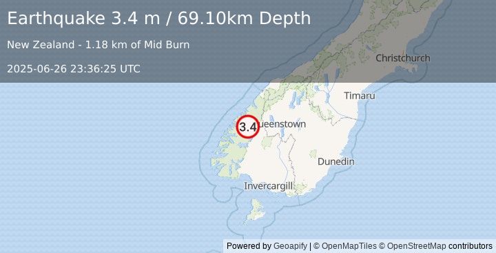 Earthquake SOUTH ISLAND OF NEW ZEALAND (3.4 m) (2025-06-26 23:36:25 UTC)