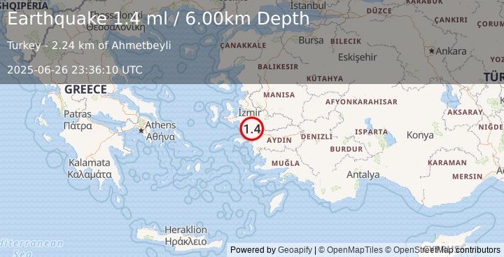 Earthquake WESTERN TURKEY (1.4 ml) (2025-06-26 23:36:10 UTC)