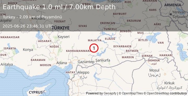 Earthquake EASTERN TURKEY (1.0 ml) (2025-06-26 23:46:31 UTC)