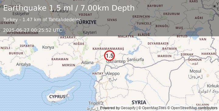 Earthquake CENTRAL TURKEY (1.5 ml) (2025-06-27 00:25:52 UTC)