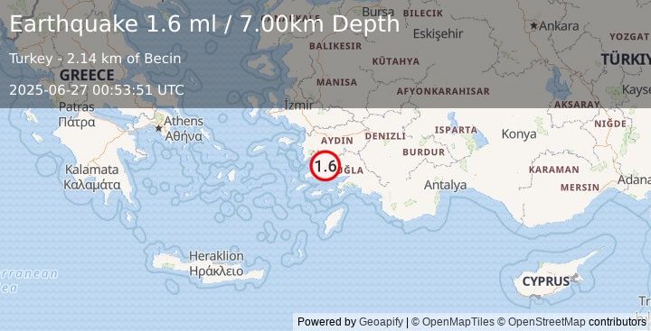 Earthquake WESTERN TURKEY (1.6 ml) (2025-06-27 00:53:51 UTC)