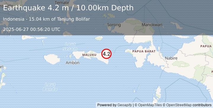 Earthquake SERAM, INDONESIA (4.2 m) (2025-06-27 00:56:20 UTC)