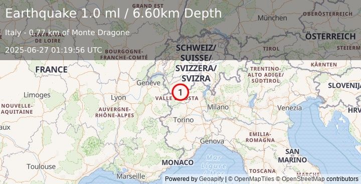 Earthquake NORTHERN ITALY (1.0 ml) (2025-06-27 01:19:56 UTC)