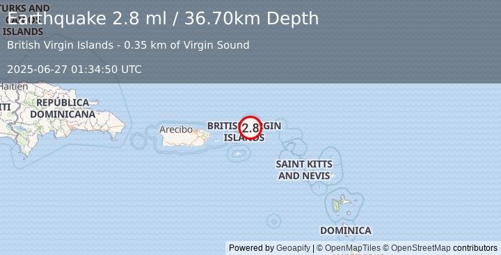 Earthquake VIRGIN ISLANDS REGION (2.8 ml) (2025-06-27 01:34:50 UTC)