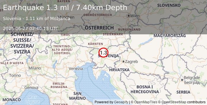 Earthquake SLOVENIA (1.3 ml) (2025-06-27 02:40:13 UTC)