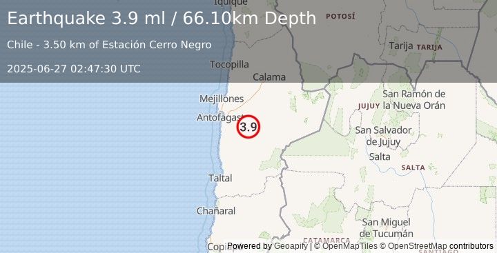 Earthquake ANTOFAGASTA, CHILE (3.7 ml) (2025-06-27 02:47:29 UTC)