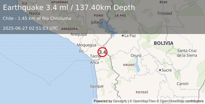 Earthquake TARAPACA, CHILE (3.4 ml) (2025-06-27 02:51:03 UTC)