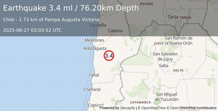 Earthquake ANTOFAGASTA, CHILE (3.4 ml) (2025-06-27 03:03:52 UTC)