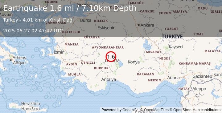 Earthquake WESTERN TURKEY (1.6 ml) (2025-06-27 02:47:42 UTC)