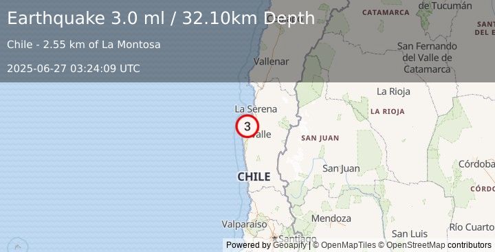 Earthquake COQUIMBO, CHILE (3.0 ml) (2025-06-27 03:24:09 UTC)